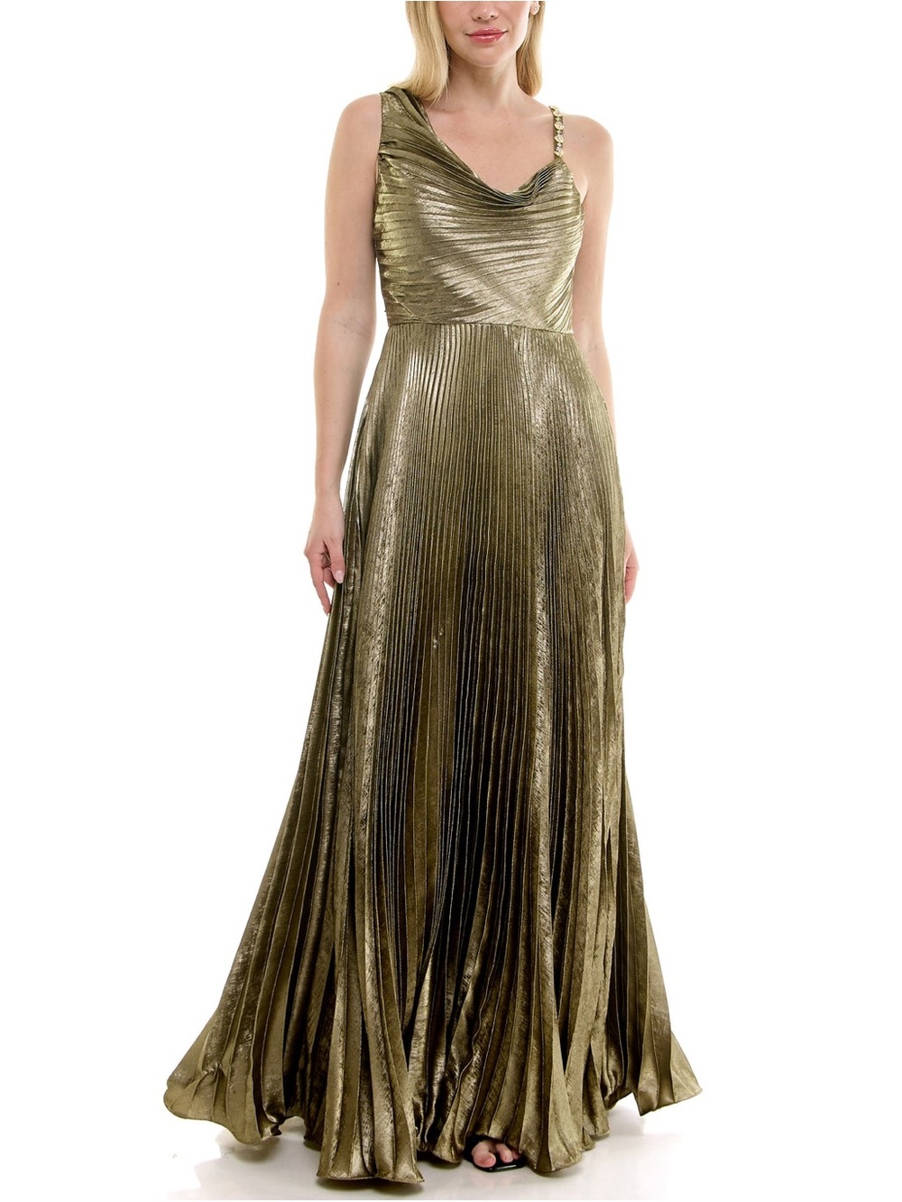 Taylor Metallic Olive Gold Pleated Maxi Gown